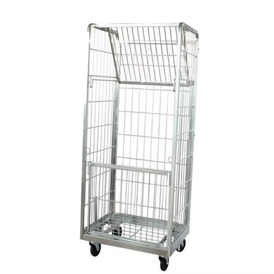 Warehouse Foldable Wire Mesh Cage , Steel Nestable Roll Cage Trolley Container